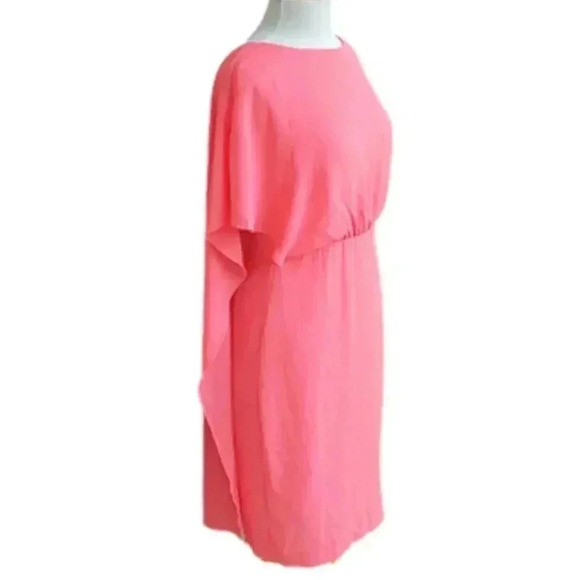 New Signature Sangria Coral Chiffon Minimalist Short Sleeve Caplet Sheath Dress - Picture 2 of 4